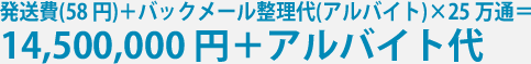 発送費(58円)＋バックメール整理代(アルバイト)×25万通 ＝ 14,500,000円＋アルバイト代